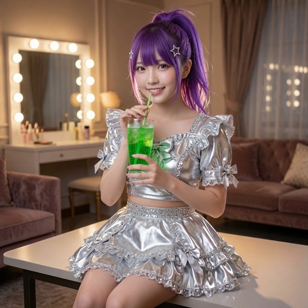 A young woman with purple hair in a ponytail, wearing a silver outfit, drinks a green beverage.