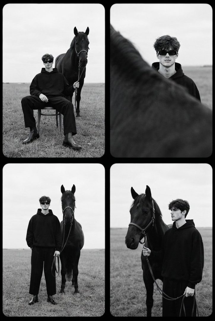 A fine art black and white photo collage featuring a young man in a black hoodie and sunglasses posing with a black horse in a grassy field.