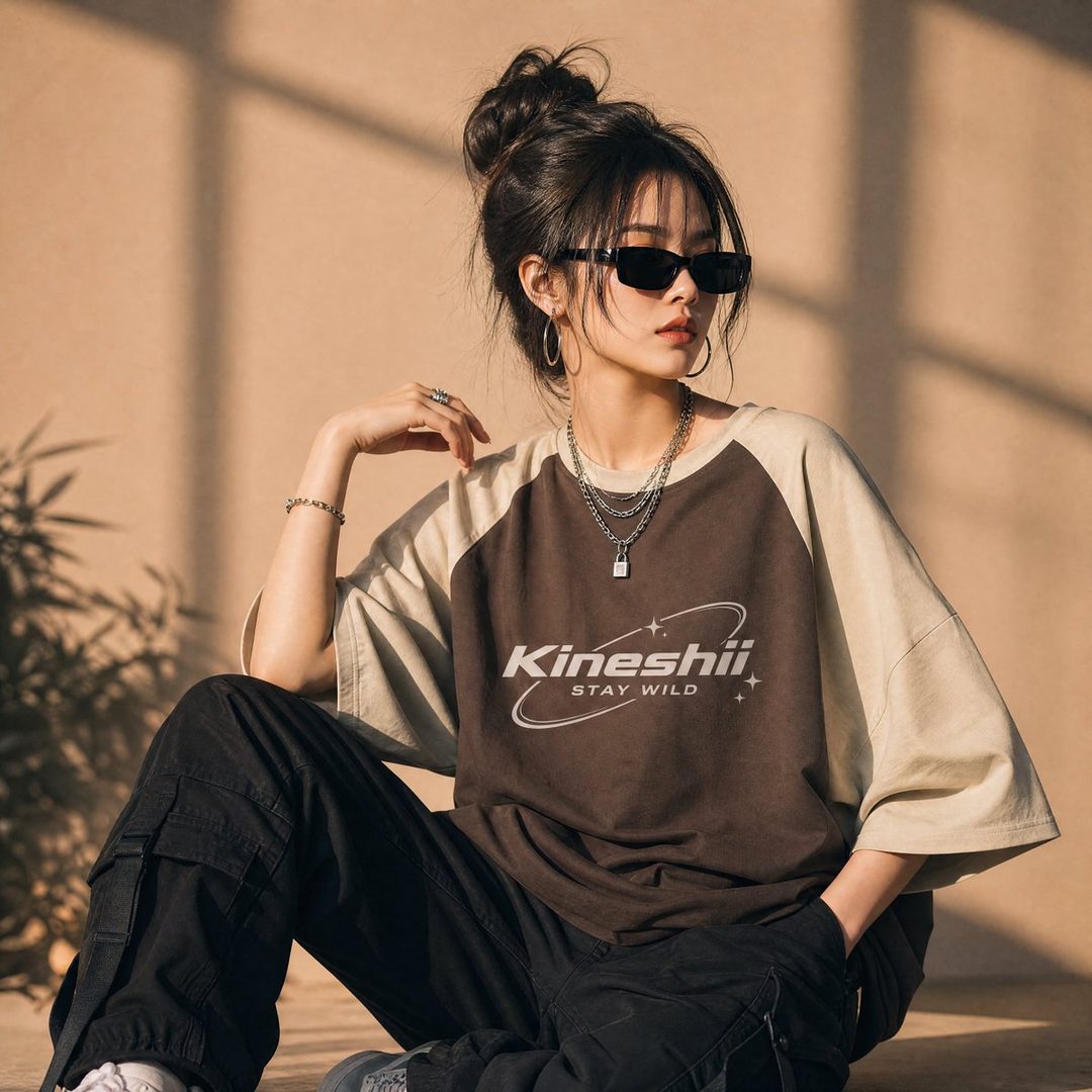 A stylish young Asian woman in a brown and cream raglan t-shirt and black cargo pants, wearing sunglasses and jewelry, poses confidently in a sunlit studio.