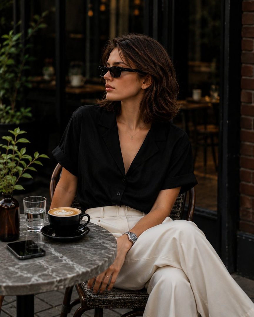 A fashionable woman with dark brown hair and sunglasses sits at an outdoor cafe table, looking away from the camera with a cup of coffee and a smartphone.