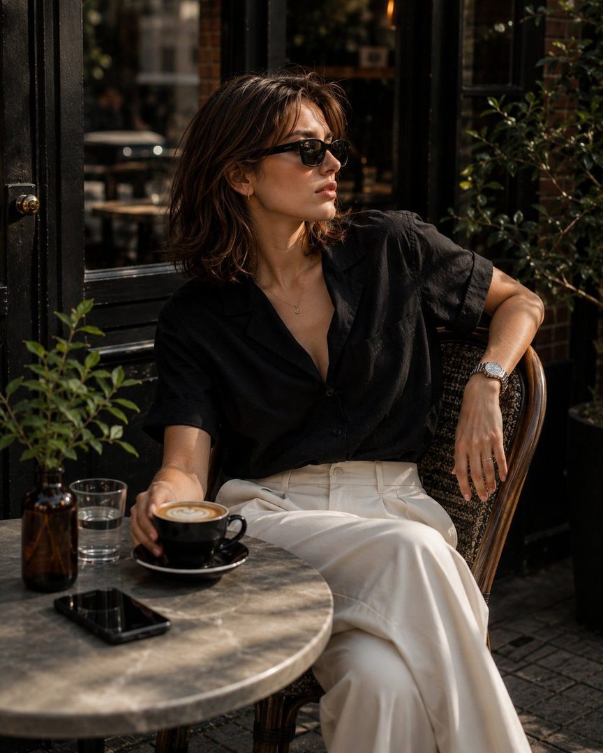 A fashionable woman with shoulder-length brown hair and sunglasses sits at an outdoor cafe table, holding a cappuccino and looking away thoughtfully.