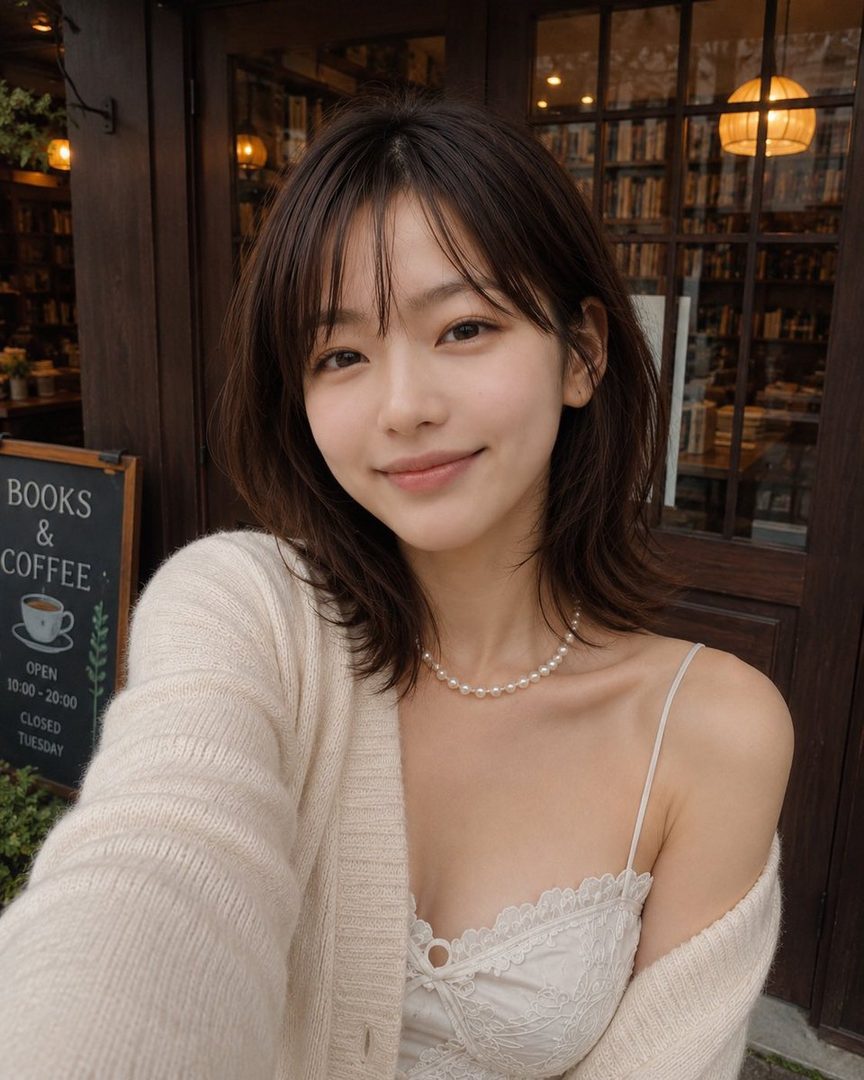 A young East Asian woman with shoulder-length brown hair and bangs, wearing a white lace camisole and a cream cardigan, smiles gently at the camera. She is adorned with a pearl necklace and stands in front of a cafe with a 'Books & Coffee' sign.