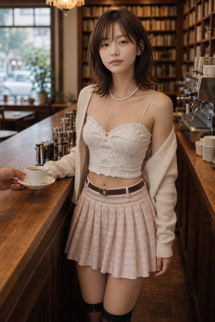 A young East Asian woman with short brown hair, wearing a white lace camisole, a beige cardigan, and a pink pleated skirt, stands in a cafe with bookshelves in the background, holding a cup of coffee.