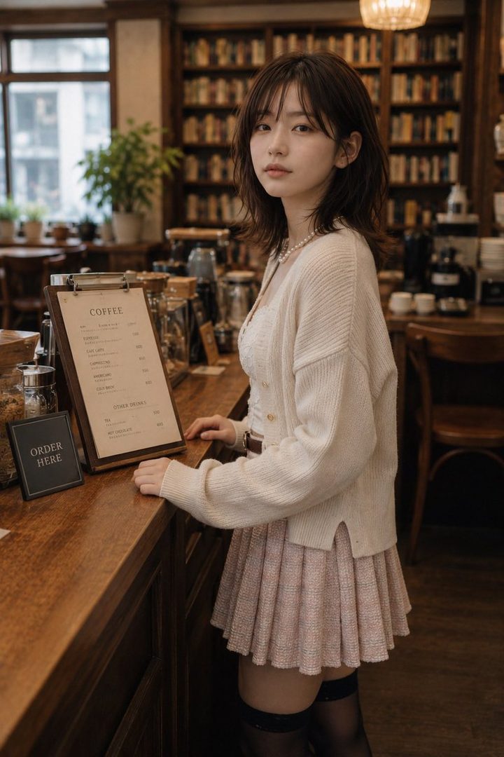 A young East Asian woman with shoulder-length brown hair stands in a cafe, wearing a cream cardigan over a white top and a pink tweed skirt, looking towards the camera.