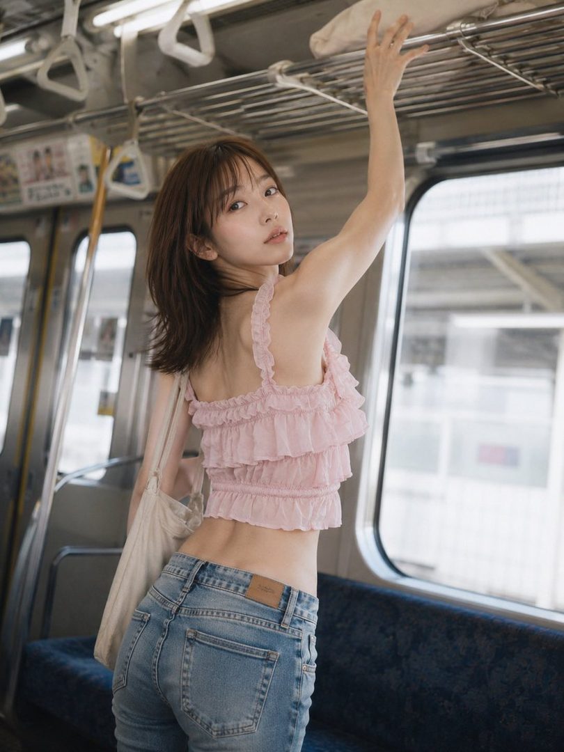 A young woman with brown hair wearing a pink ruffled crop top and blue jeans, posing on a train.