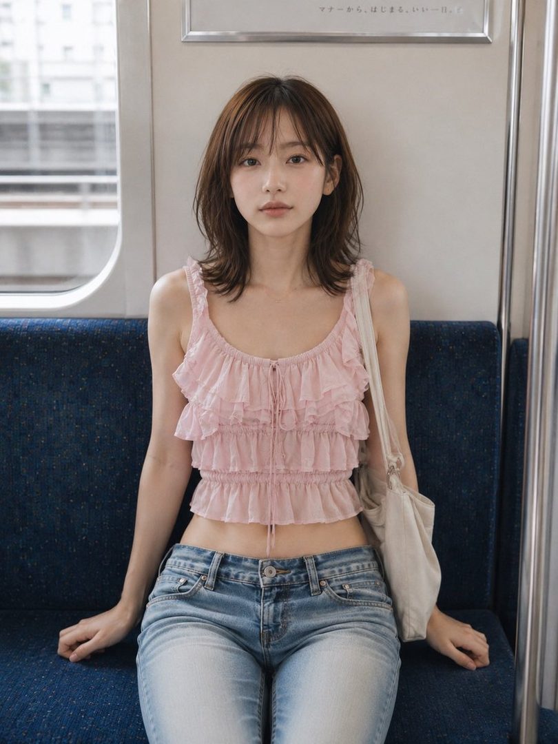 A young woman with shoulder-length brown hair and bangs, wearing a pink ruffled crop top and blue jeans, sits on a train seat.