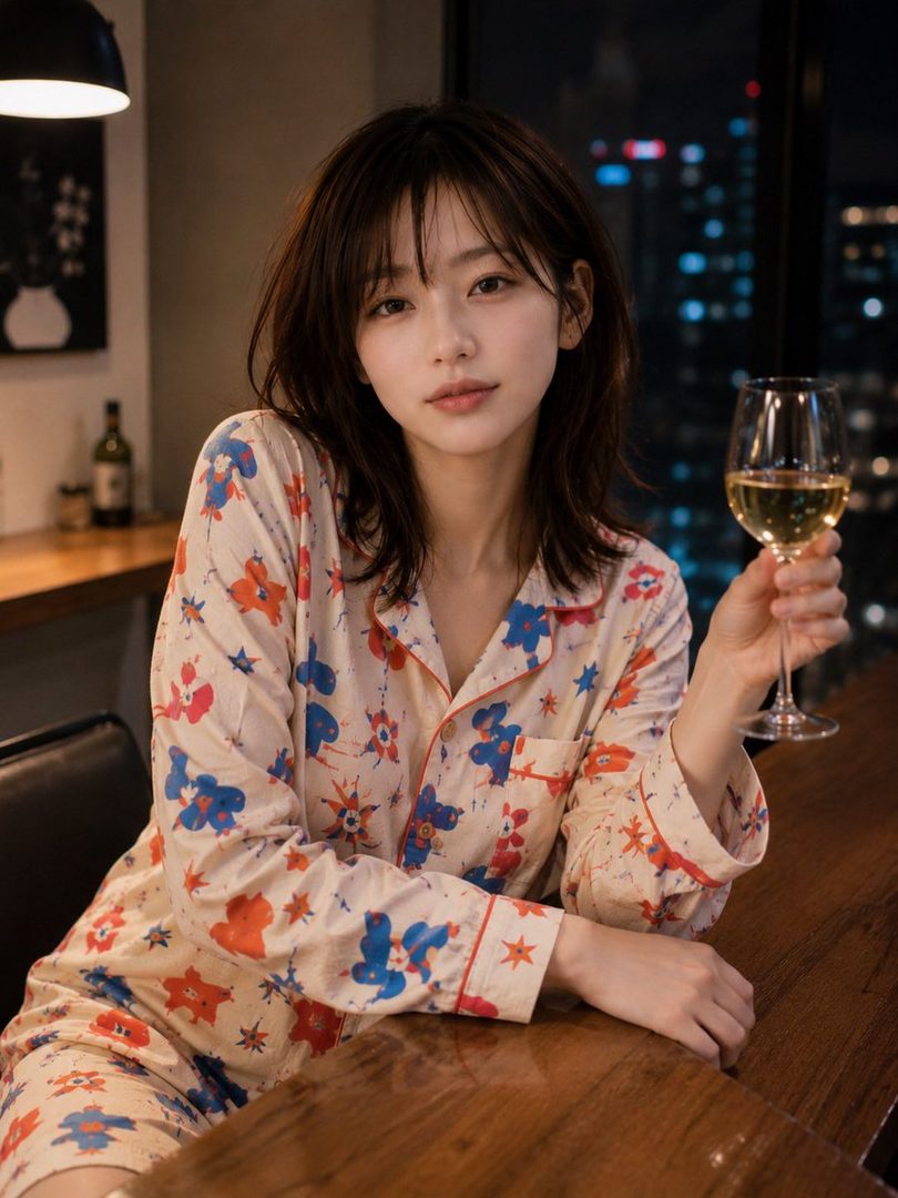 A young East Asian woman with short dark hair, wearing pajamas with a colorful pattern, holds a glass of white wine and looks at the camera with a gentle expression. The background shows a city skyline at night.