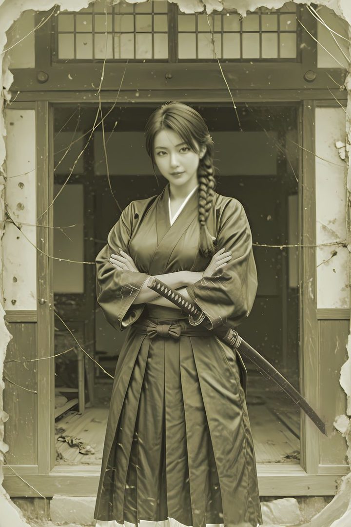 A woman dressed in traditional Japanese samurai attire, with her hair in a braid, stands with her arms crossed in front of a weathered traditional Japanese building.