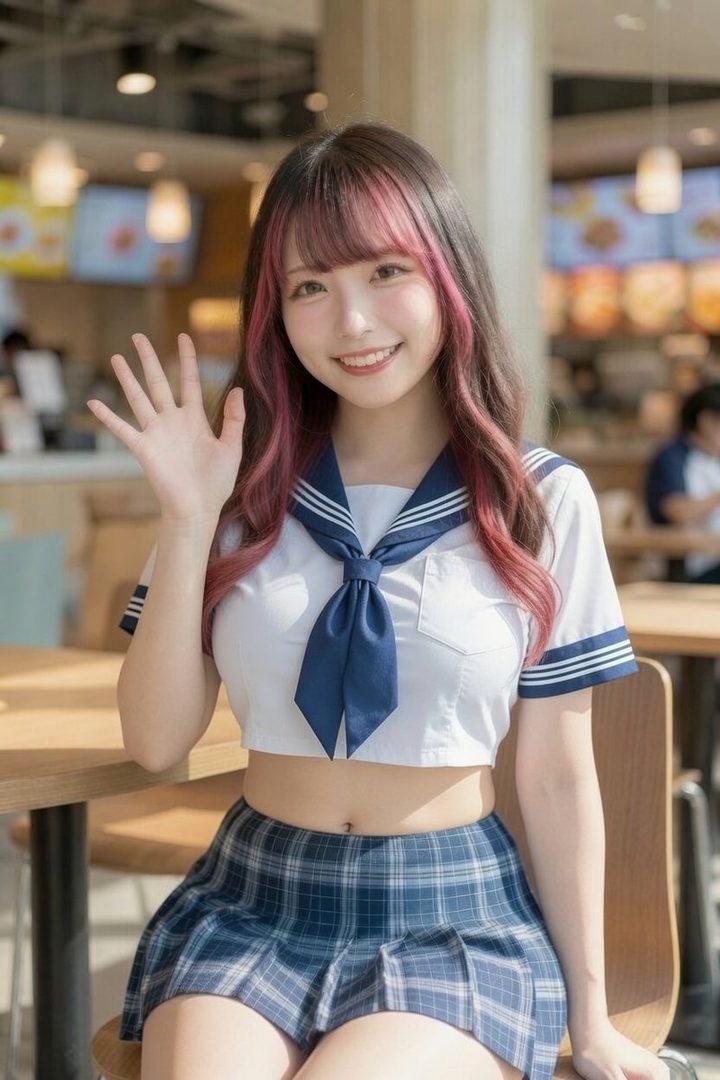 A young woman with pink-streaked brown hair waves hello, wearing a cropped sailor-style uniform and a plaid skirt in a cafe setting.