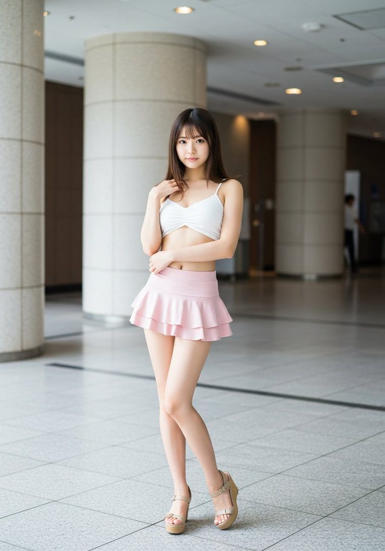 A young woman with long black hair, wearing a white crop top and a pink ruffled mini skirt, poses indoors.