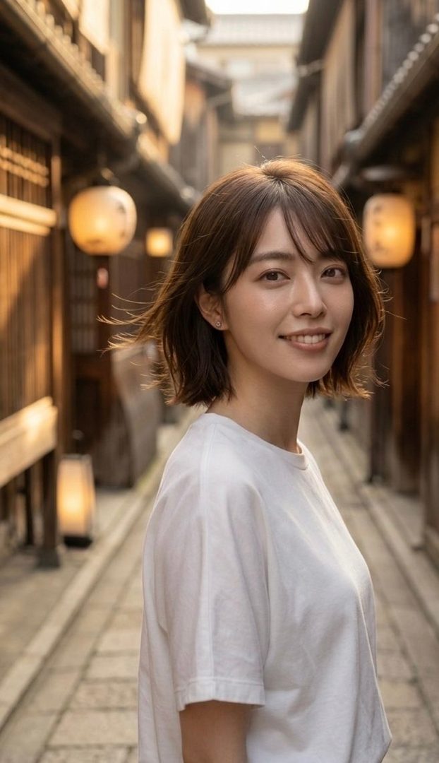 A young East Asian woman with short brown hair and bangs, wearing a white t-shirt, smiles gently while standing on a traditional Japanese street with lanterns.