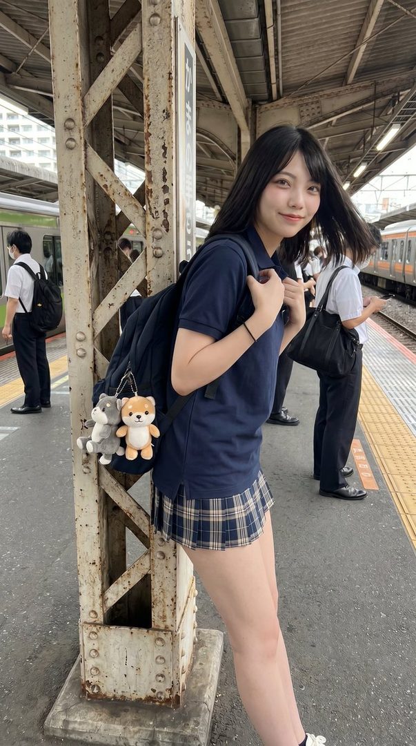 A young woman in a navy polo shirt and plaid skirt stands on a train platform, holding a backpack with plush charms.