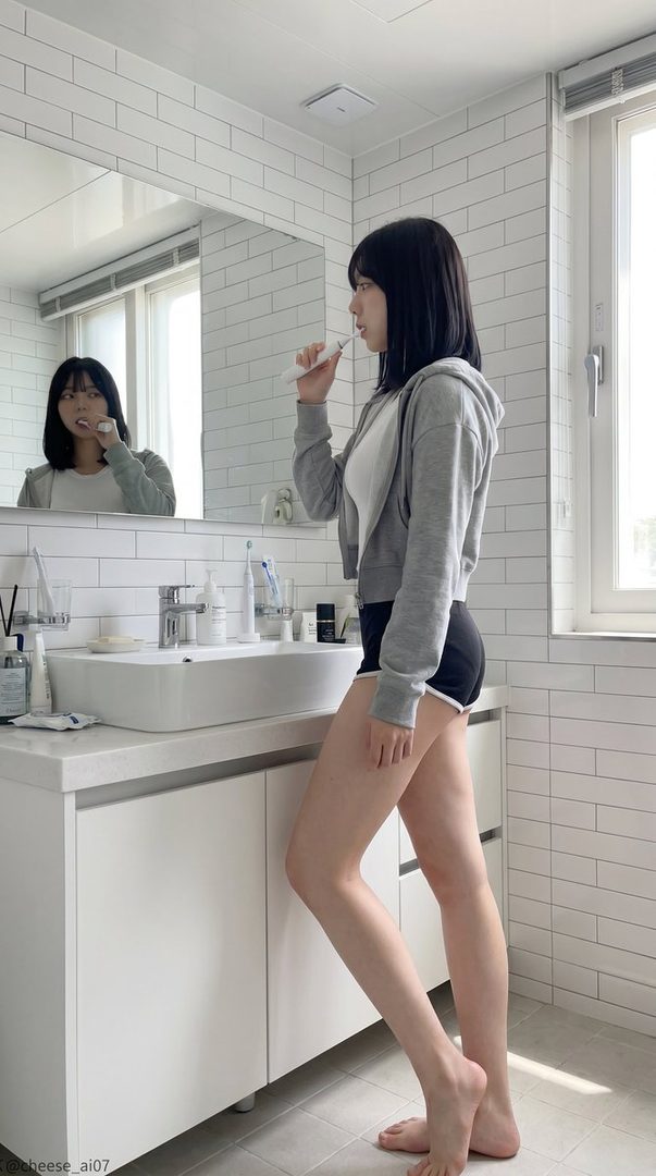 A young woman with short black hair brushes her teeth in a bright, modern bathroom, wearing a grey hoodie and black shorts.