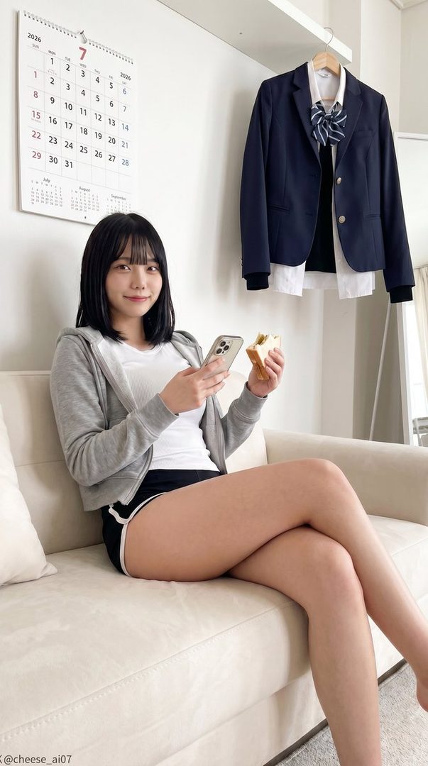 A young woman with short black hair sits on a couch, holding a phone and a sandwich, wearing a grey hoodie and shorts.
