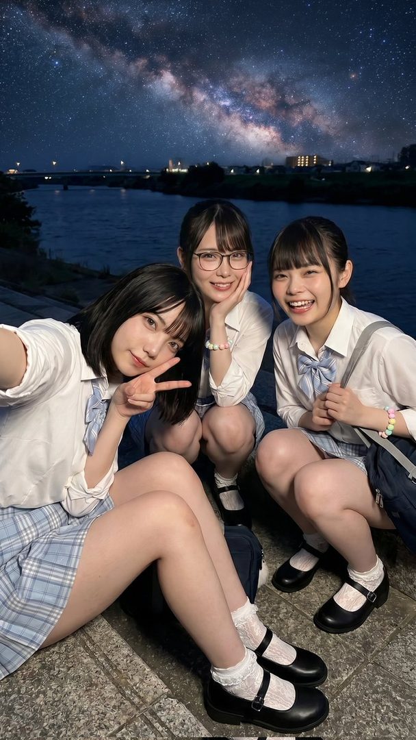 Three young women in school uniforms posing for a selfie under a starry night sky with the Milky Way visible.