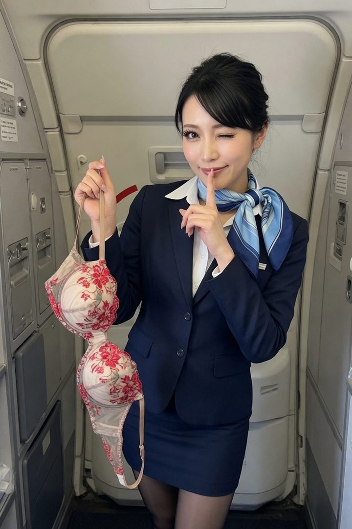 A flight attendant in uniform winks and holds up a bra inside an airplane cabin.
