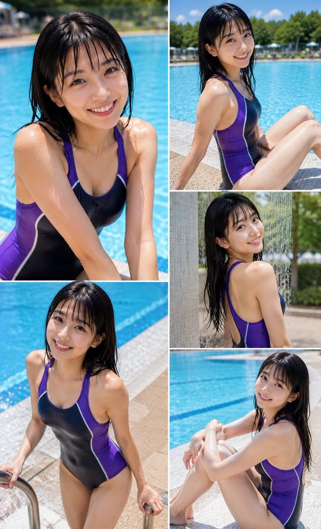 A young Japanese woman in a purple and black one-piece swimsuit smiles by a swimming pool.