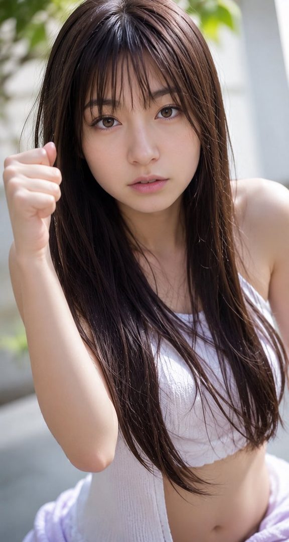 A photorealistic portrait of a young East Asian woman with long brown hair and bangs, wearing a white top, looking directly at the viewer.