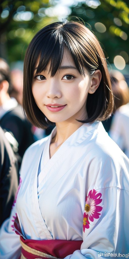 A young East Asian woman with short black hair and bangs smiles gently while wearing a white kimono with pink floral patterns.