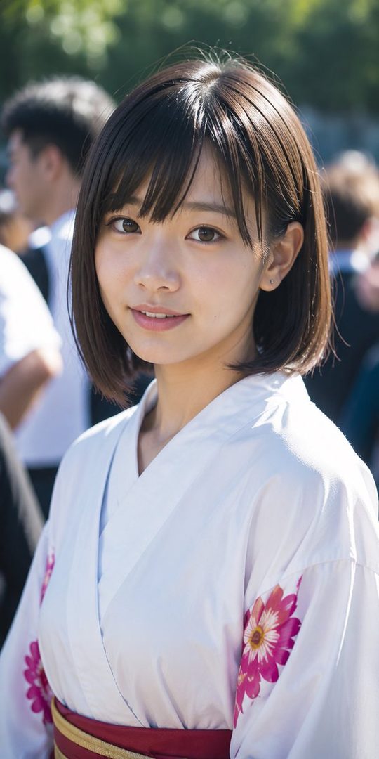 A young Japanese woman with short brown hair and bangs smiles gently while wearing a white kimono with pink floral patterns.