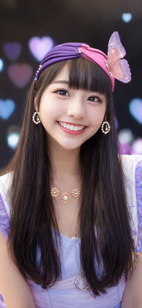 A smiling young woman with long dark hair and bangs wears a purple and pink headband with a butterfly accent, a light purple dress, and flower-shaped jewelry.