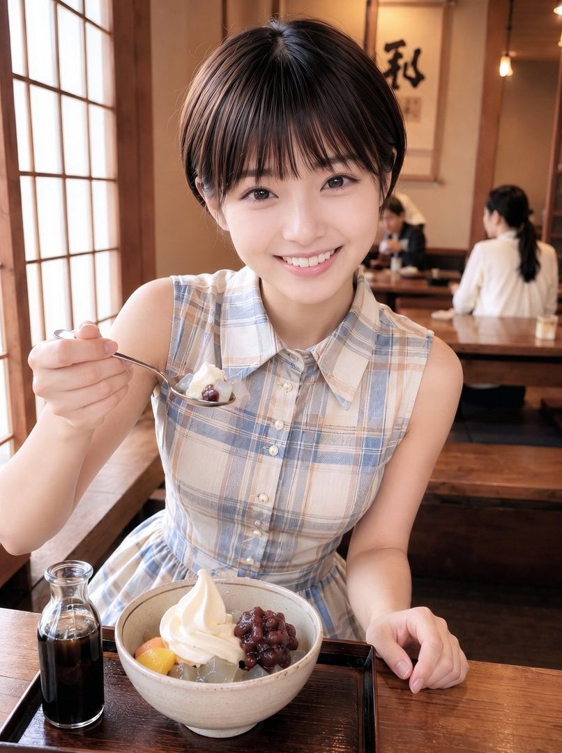 A young East Asian woman with short black hair and bangs, wearing a plaid sleeveless dress, smiles brightly while holding a spoon with dessert. She is sitting at a table in a Japanese-style cafe, with a bowl of anmitsu and a small bottle of syrup in front of her.