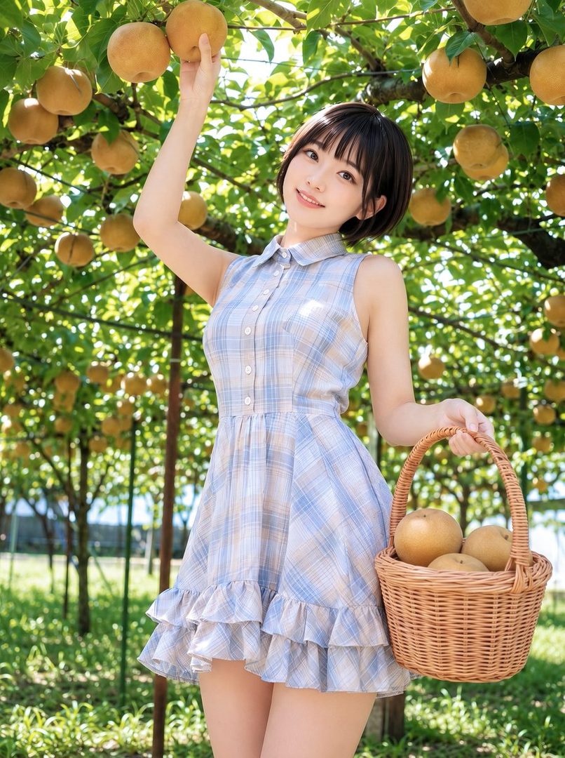 A young Japanese woman with short black hair, wearing a blue and white plaid dress, smiles while picking pears in an orchard.
