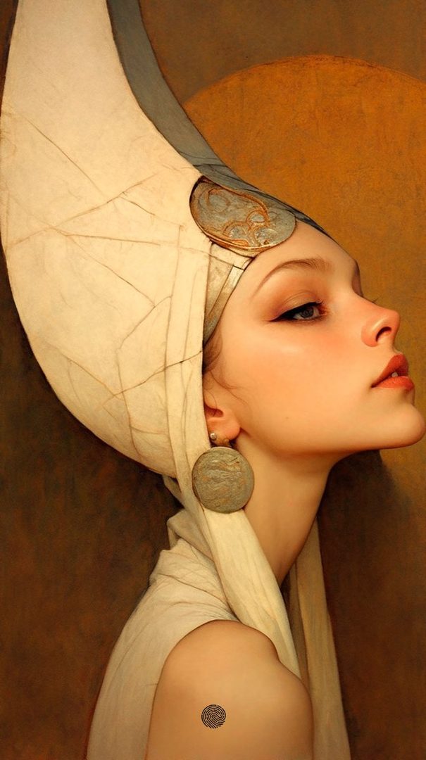 AI-generated photorealistic portrait of a young woman in ancient Egyptian-inspired headdress and jewelry, looking to the side with elegant makeup.