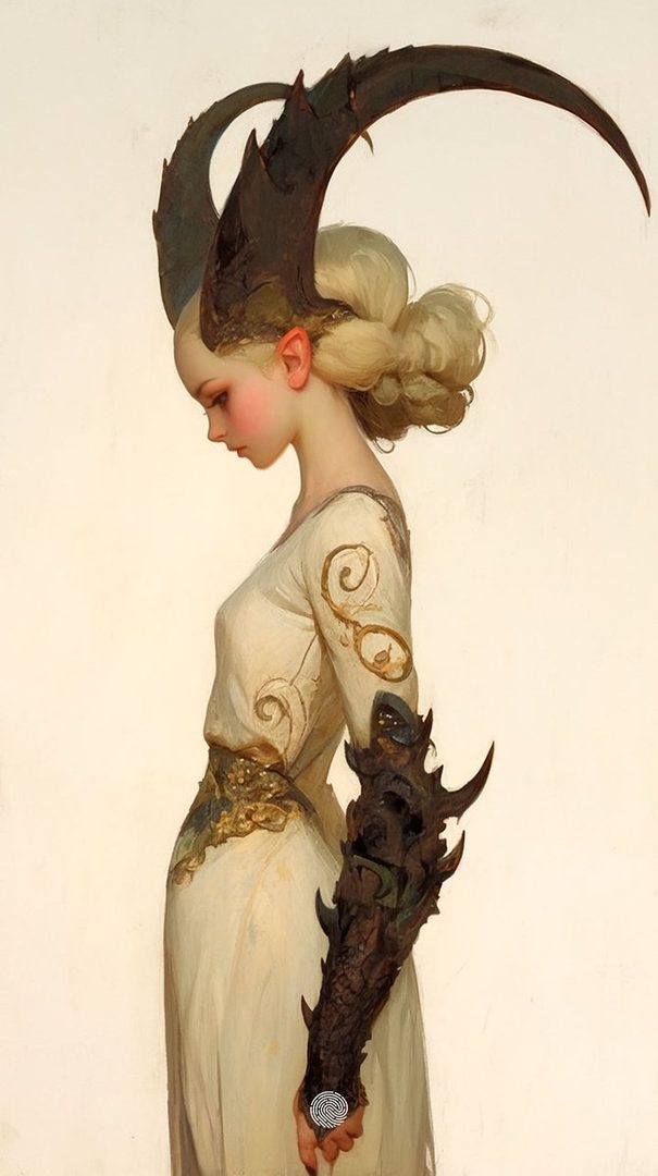 A profile portrait of a young woman with blonde hair styled in an updo, wearing a white dress with gold embellishments and dark, spiky arm armor. She has large, dark horns resembling those of a ram or goat curving upwards from her head.
