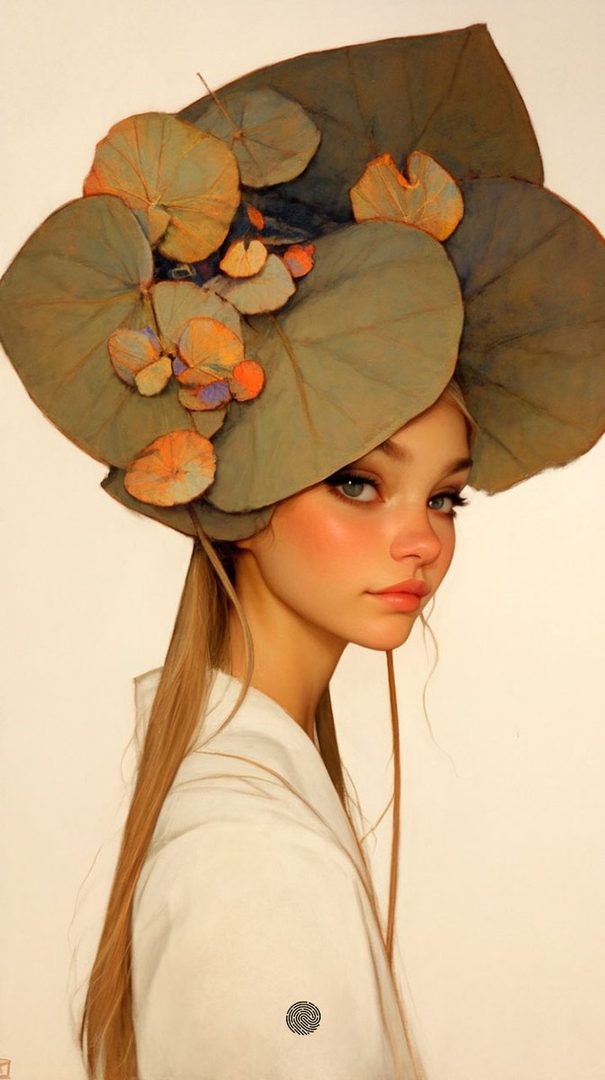 A young woman with blonde hair and a large, elaborate hat made of leaves and flowers, wearing a white top, poses for a portrait.