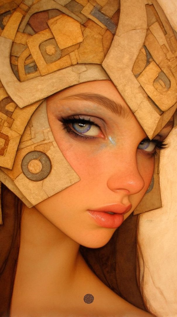 A close-up portrait of a woman with striking blue eyes and intricate headwear, rendered in a photorealistic style.