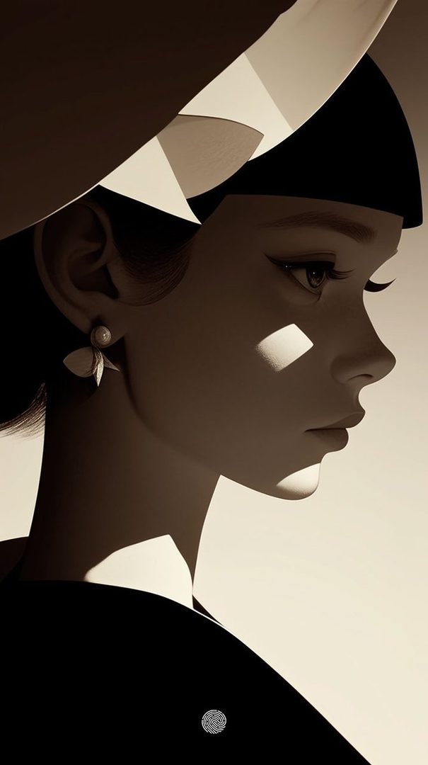 A profile portrait of a woman with striking makeup and a large hat, illuminated by dramatic lighting.