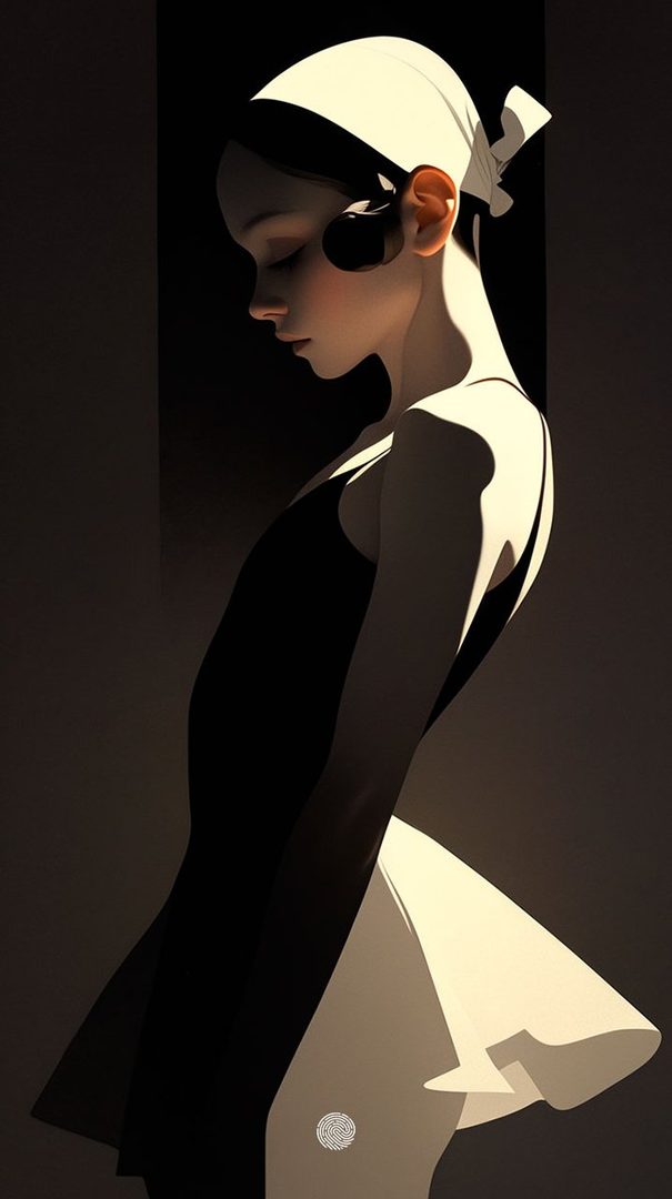 A photorealistic portrait of a young woman with dark hair tied back, wearing a black top and a white skirt, illuminated by dramatic lighting.