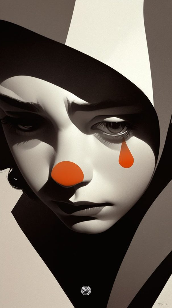A dramatic, close-up portrait of a person with clown makeup, featuring a red nose and a tear, rendered in a high-contrast, monochromatic style with subtle color accents.