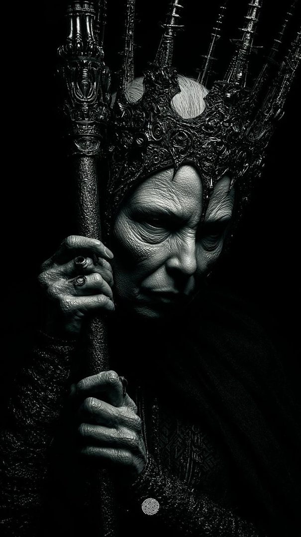 A dramatic, dark portrait of an elderly person wearing an ornate crown and holding a staff, with a somber expression.