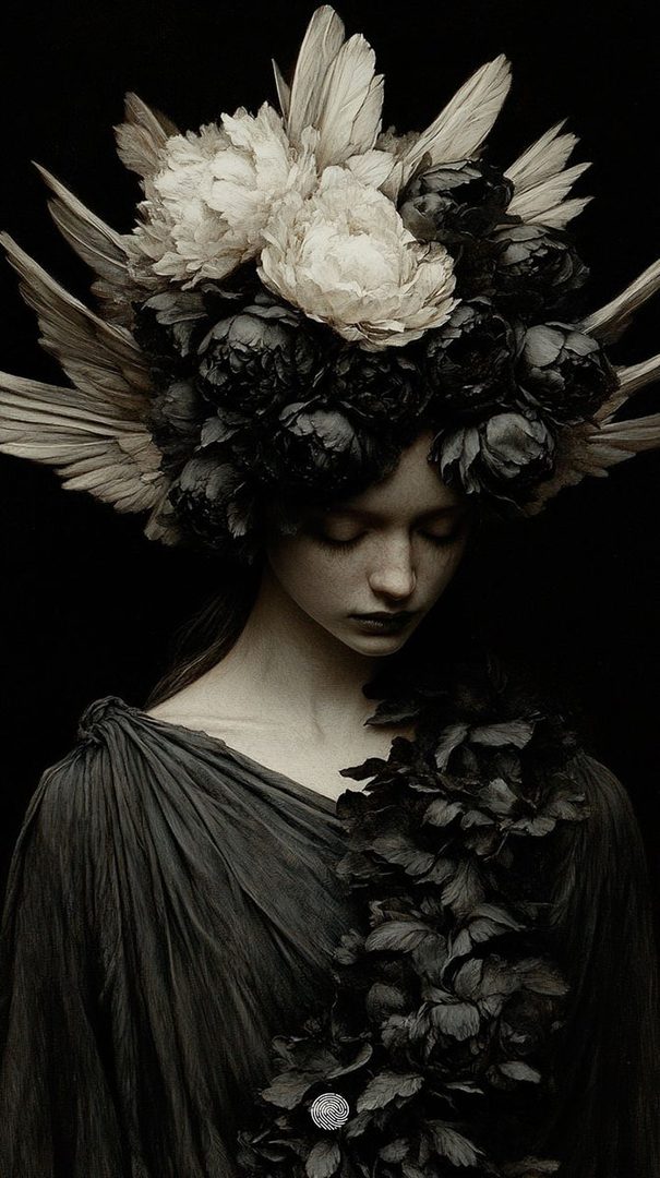 A woman with a large floral and feather headdress, wearing a dark draped dress, against a black background.