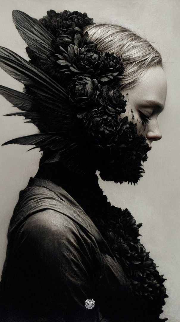 A profile portrait of a woman with elaborate black floral and feather headwear, styled in a dark, elegant fashion.