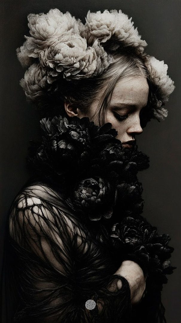 A dramatic portrait of a woman with elaborate floral headwear and a dark, ruffled collar, rendered in a photorealistic style.