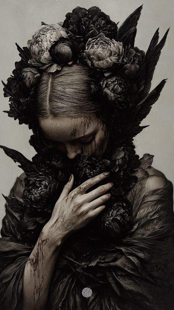 A dark, moody portrait of a woman adorned with black flowers and feathers, her face tilted down with a hand to her chest.