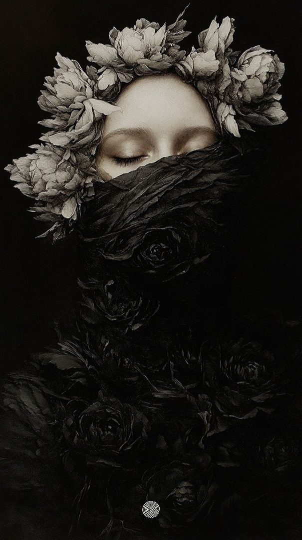 A monochrome portrait of a woman with her eyes closed, adorned with a large floral crown and dark fabric obscuring her face, set against a black background.