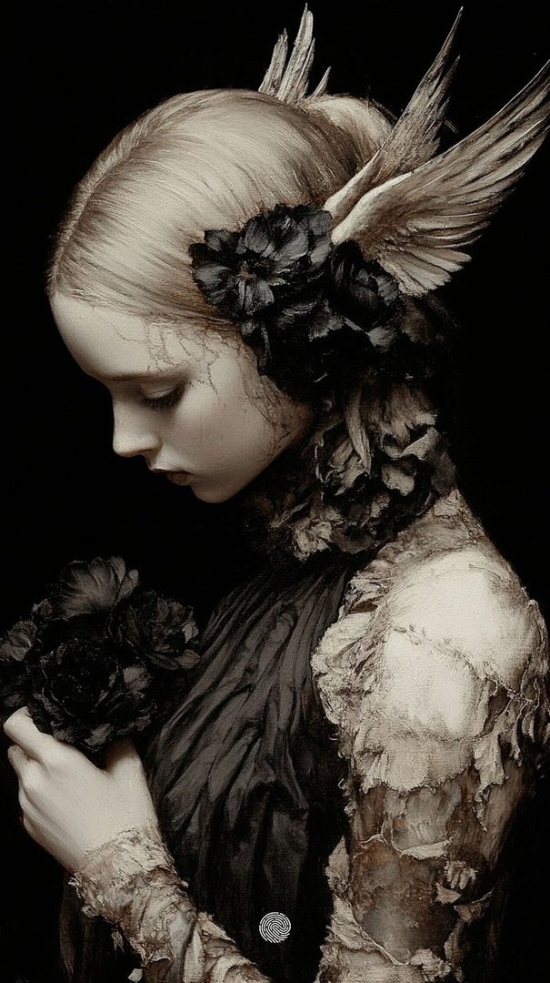 A profile portrait of a young woman with blonde hair adorned with black flowers and wings, wearing a dark, textured dress.