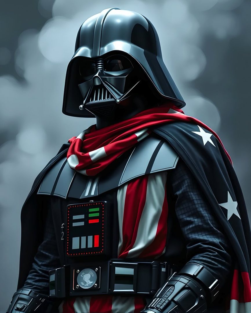 Darth Vader in a stylized costume with red, white, and blue elements, including a cape with stars and a scarf.