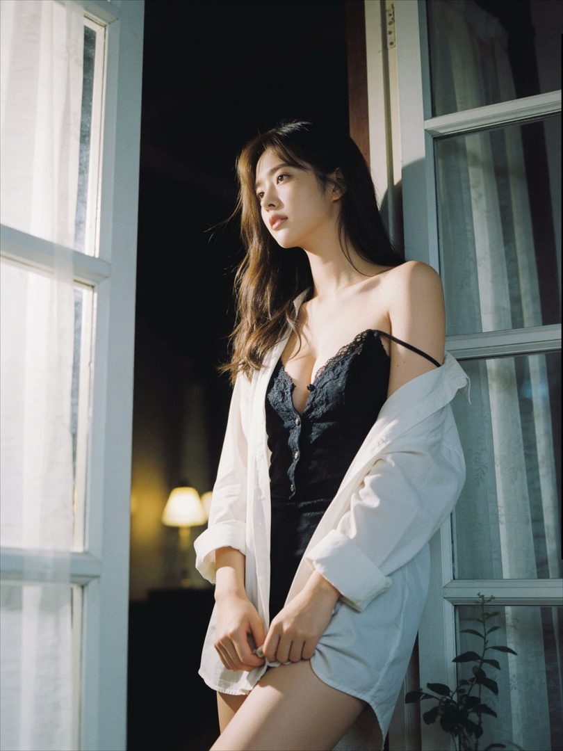 A young woman with long brown hair, wearing a black lace camisole and an unbuttoned white shirt, stands by a window, looking out thoughtfully.