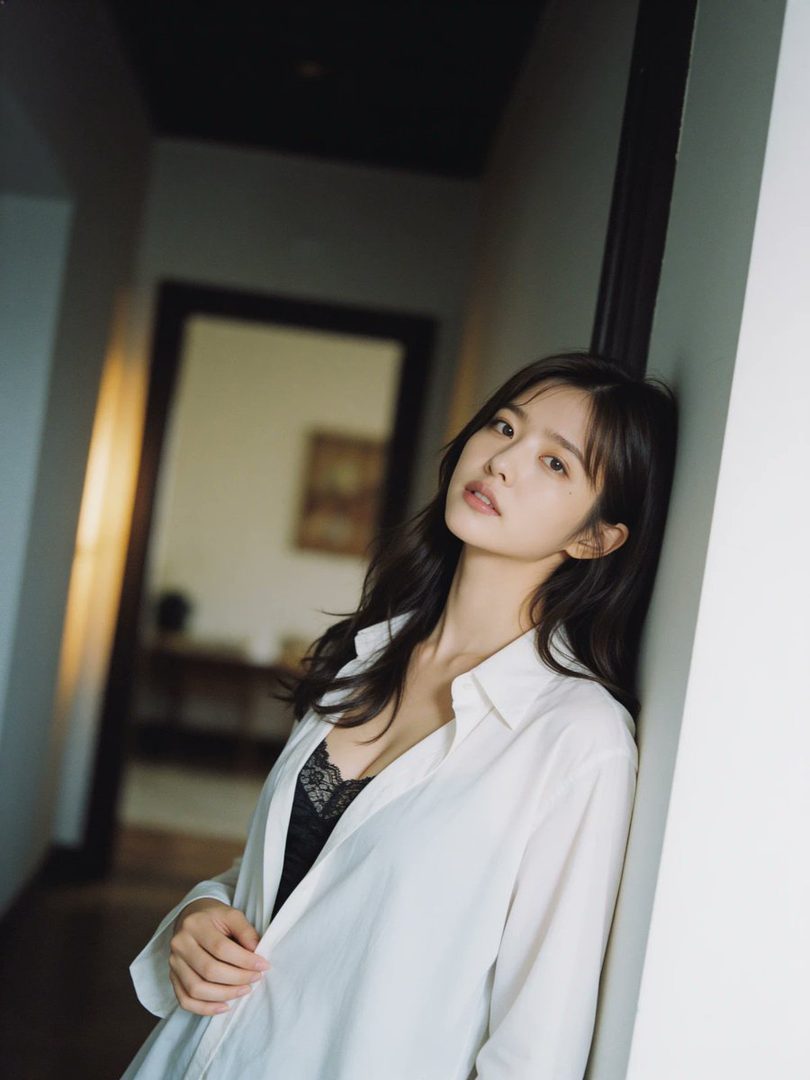 A young woman with long dark hair leans against a wall in a hallway, wearing an unbuttoned white shirt over a black lace bra.