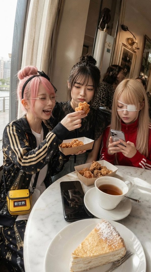 Three young women enjoying fried chicken and cake at a cafe, with one woman laughing and another looking at her phone.