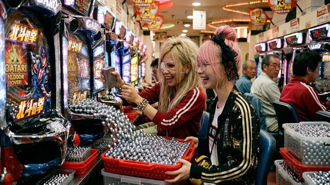 Two young women with colorful hair laughing while playing pachinko machines in an arcade.