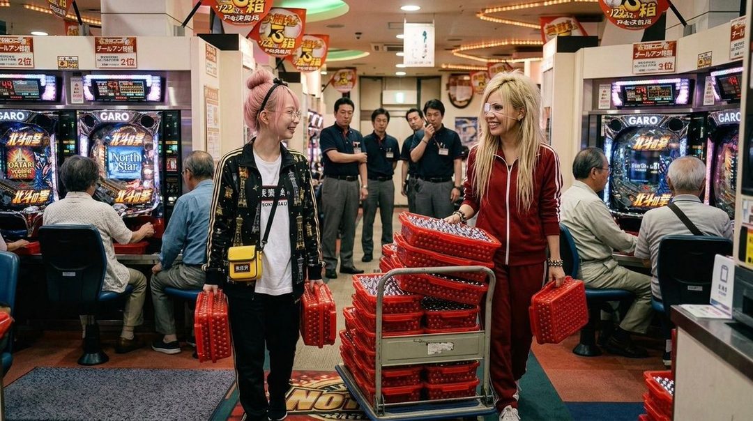 Two women, one with pink hair and the other with blonde hair, are walking through a pachinko parlor, carrying baskets of pachinko balls.