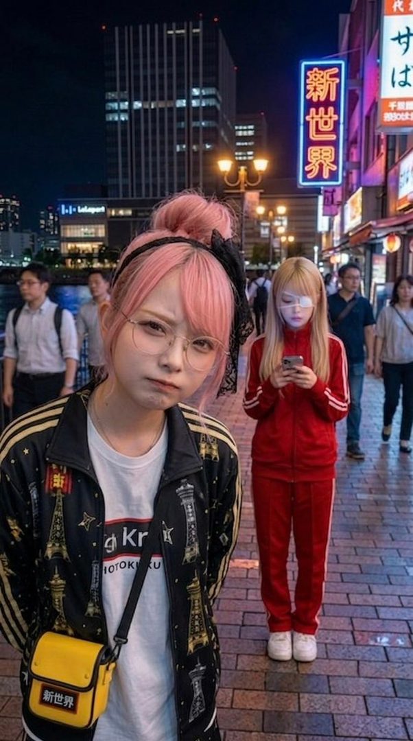Two young women with pink and blonde hair stand on a city street at night, one looking at the camera with a pout and the other looking at her phone.