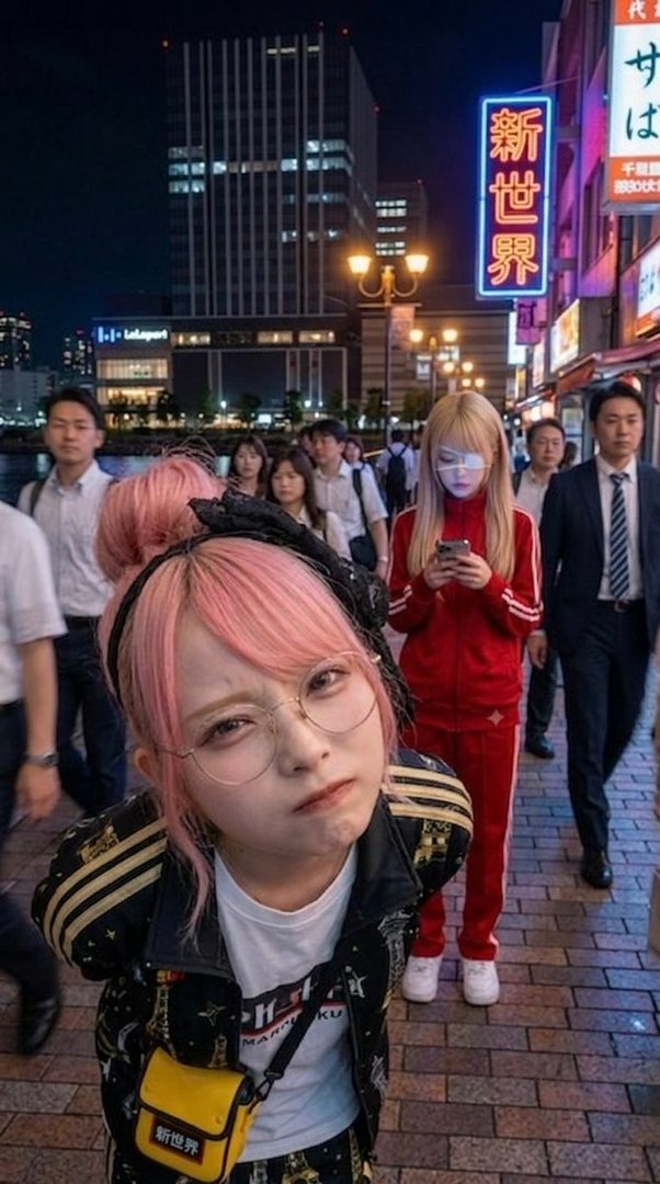 A young woman with pink hair and glasses poses playfully on a busy city street at night, while another woman in a red tracksuit looks at her phone.
