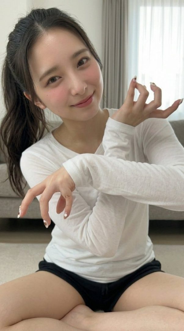 A young East Asian woman with a ponytail, wearing a white long-sleeved shirt and black shorts, poses indoors with a cute expression.